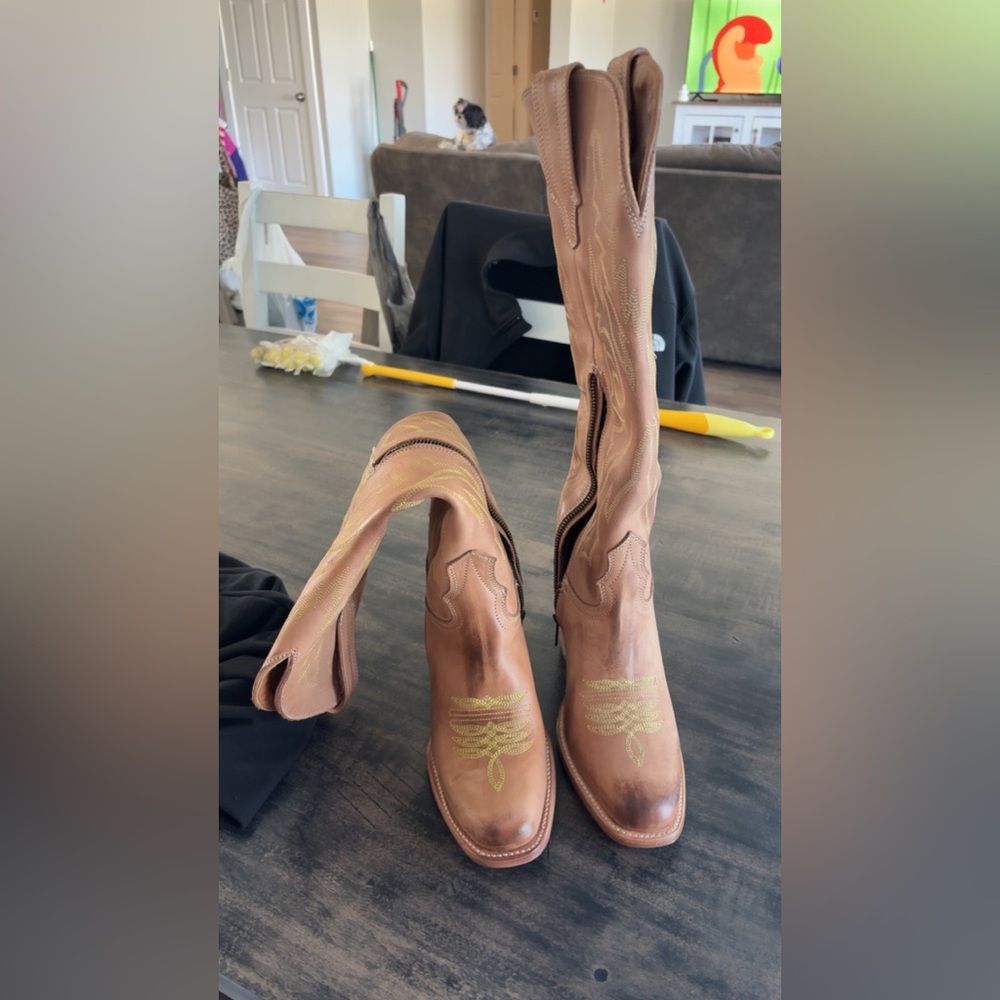 freebird Brown Over-the-Knee Western Boots with Embroidered Toe